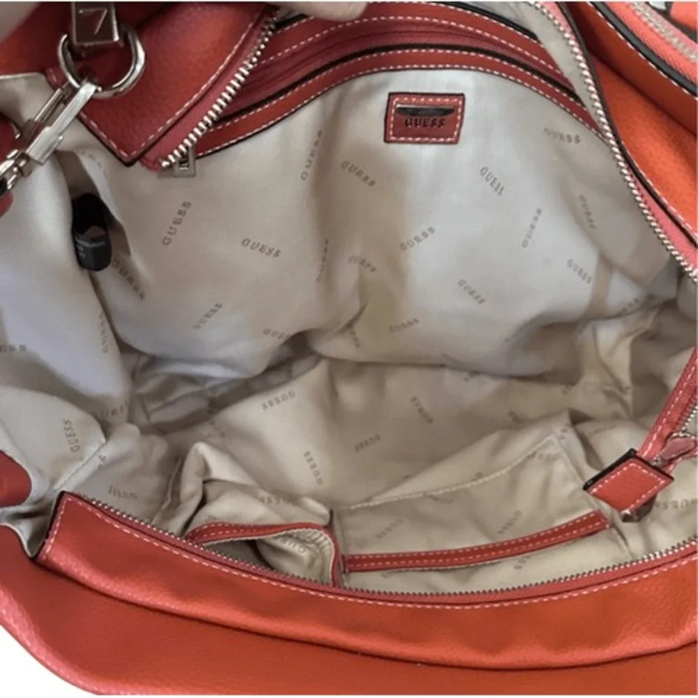 GUESS Satchel Handbag Burnt Orange Canvas Leather Trim Top Handle Crossbody Bag‎